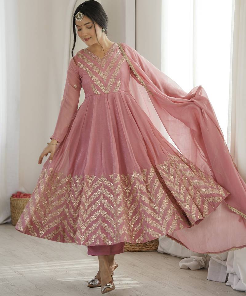 Pink silk blend readymade anarkali suit with embroidery & sequence work