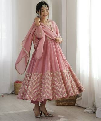 Pink silk blend readymade anarkali suit with embroidery & sequence work 2