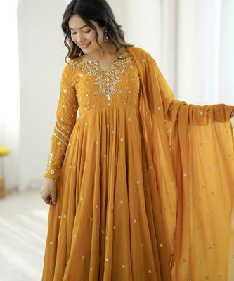 Yellow georgette readymade anarkali suit with embroidery & sequence work 2