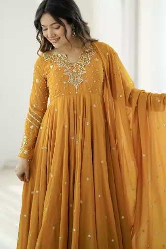 Yellow georgette readymade anarkali suit with embroidery & sequence work