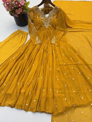 Yellow georgette readymade anarkali suit with embroidery & sequence work 4