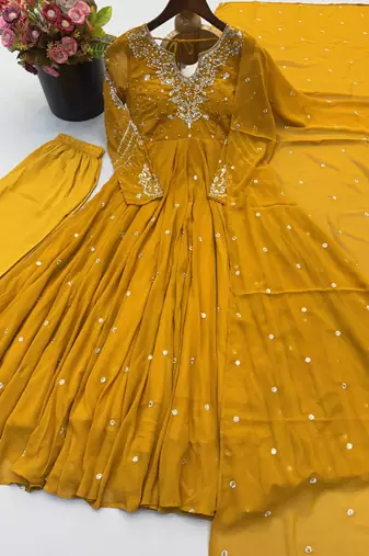 Yellow georgette readymade anarkali suit with embroidery & sequence work