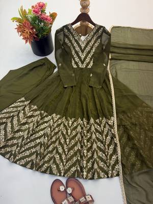Olive silk blend readymade anarkali suit with embroidery & sequence work 3