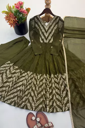 Olive silk blend readymade anarkali suit with embroidery & sequence work