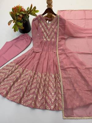 Pink silk blend readymade anarkali suit with embroidery & sequence work 4