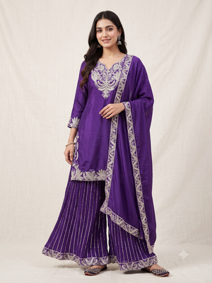 Purple sequence coding embroidery work readymade sharara suit set for wedding & festive wear 1