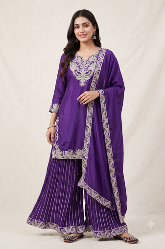 Purple sequence coding embroidery work readymade sharara suit set for wedding & festive wear