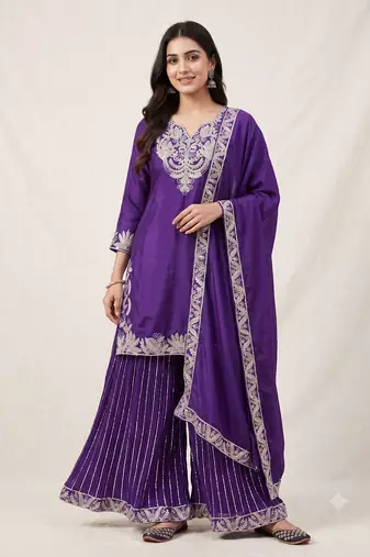 Purple sequence coding embroidery work readymade sharara suit set for wedding & festive wear