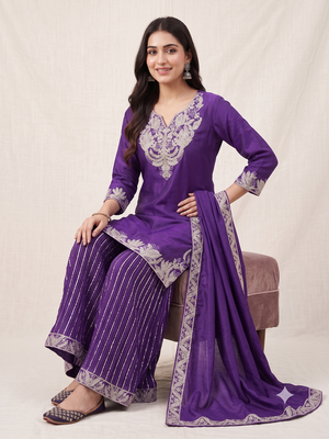 Purple sequence coding embroidery work readymade sharara suit set for wedding & festive wear 2