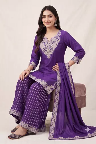 Purple sequence coding embroidery work readymade sharara suit set for wedding & festive wear