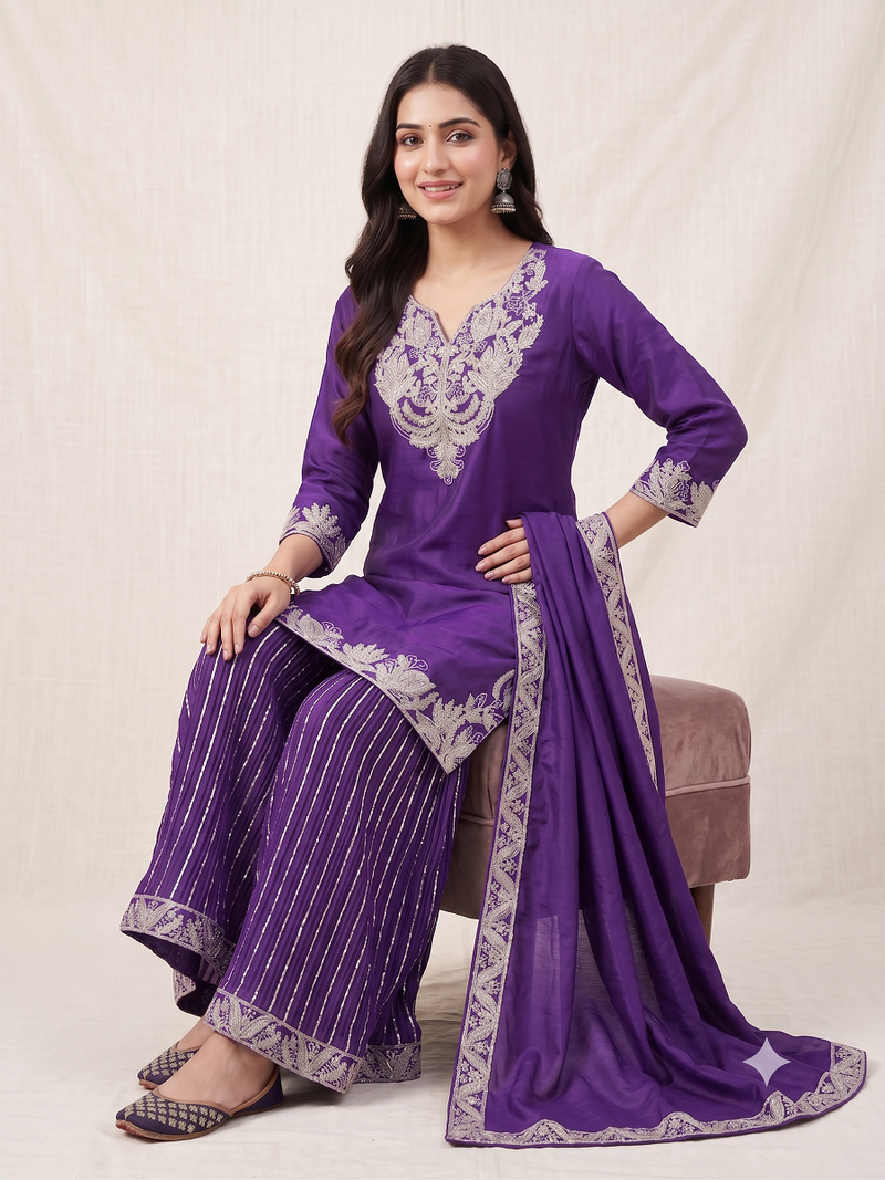 Purple sequence coding embroidery work readymade sharara suit set for wedding & festive wear
