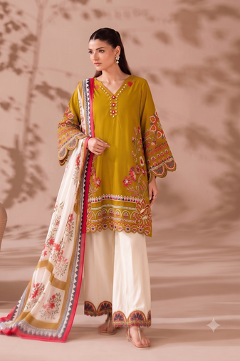 Mustard yellow v-neck embroidered kurti with contrast white pant and dupatta set for girls & women