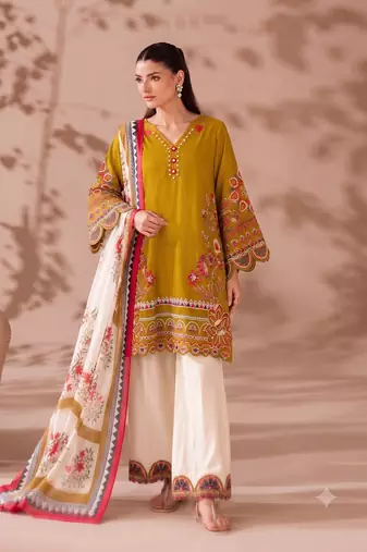 Mustard yellow v-neck embroidered kurti with contrast white pant and dupatta set for girls & women