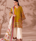 Mustard yellow v-neck embroidered kurti with contrast white pant and dupatta set for girls & women