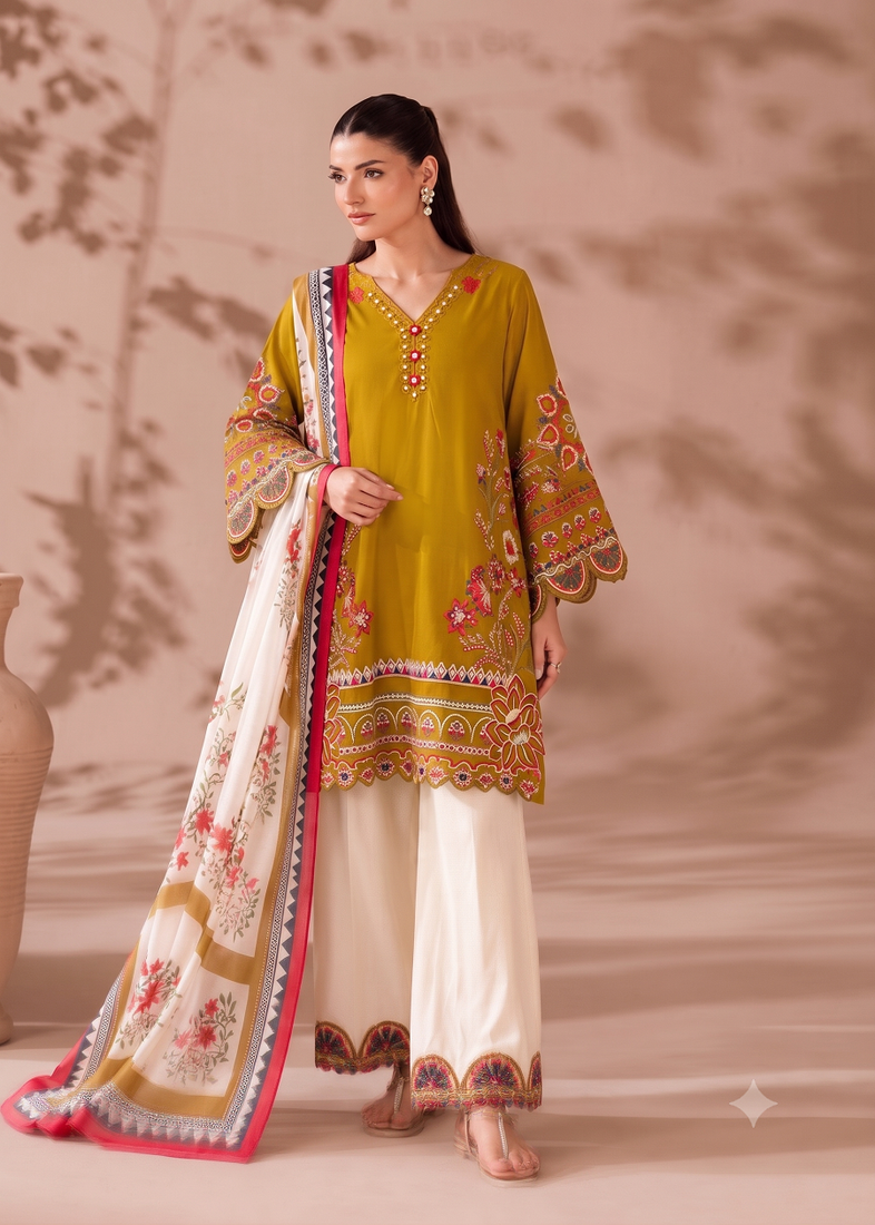 Mustard yellow v-neck embroidered kurti with contrast white pant and dupatta set for girls & women