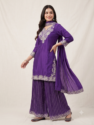 Purple sequence coding embroidery work readymade sharara suit set for wedding & festive wear 3