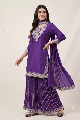 Purple sequence coding embroidery work readymade sharara suit set for wedding & festive wear