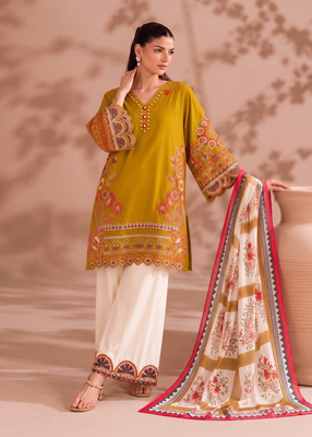 Mustard yellow v-neck embroidered kurti with contrast white pant and dupatta set for girls & women 2
