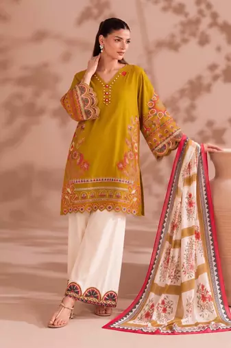 Mustard yellow v-neck embroidered kurti with contrast white pant and dupatta set for girls & women