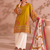 Mustard yellow v-neck embroidered kurti with contrast white pant and dupatta set for girls & women