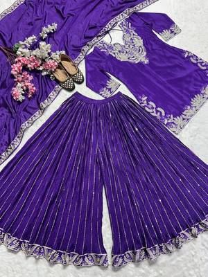 Purple sequence coding embroidery work readymade sharara suit set for wedding & festive wear 4