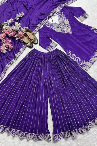 Purple sequence coding embroidery work readymade sharara suit set for wedding & festive wear