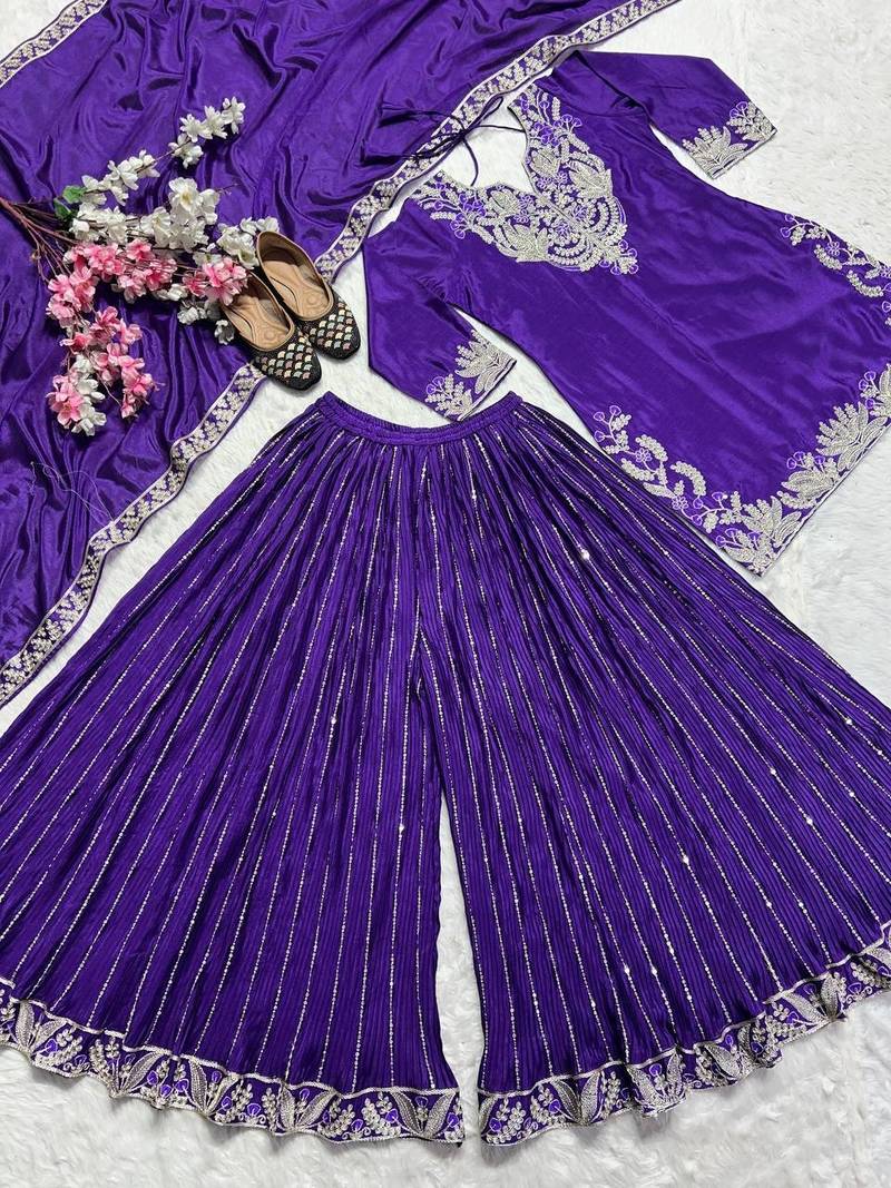 Purple sequence coding embroidery work readymade sharara suit set for wedding & festive wear