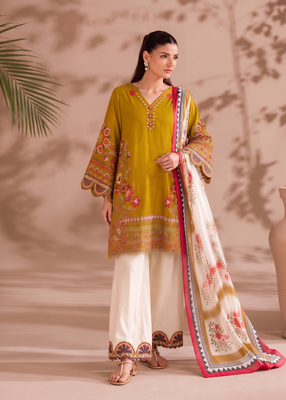 Mustard yellow v-neck embroidered kurti with contrast white pant and dupatta set for girls & women 3