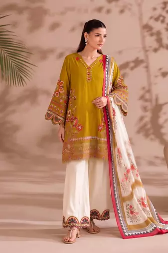 Mustard yellow v-neck embroidered kurti with contrast white pant and dupatta set for girls & women