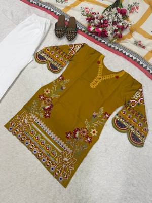 Mustard yellow v-neck embroidered kurti with contrast white pant and dupatta set for girls & women 4