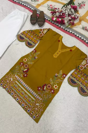 Mustard yellow v-neck embroidered kurti with contrast white pant and dupatta set for girls & women