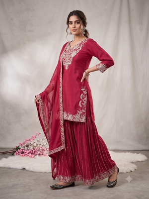 Red sequence coding embroidery work readymade sharara suit set for wedding & festive wear 1