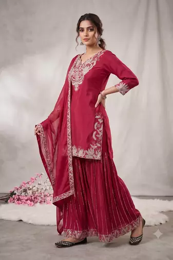 Red sequence coding embroidery work readymade sharara suit set for wedding & festive wear