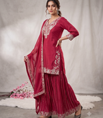 Red sequence coding embroidery work readymade sharara suit set for wedding & festive wear