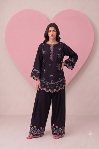Black embroidered kurta with farshi salwar & dupatta set