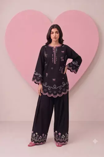 Black embroidered kurta with farshi salwar & dupatta set