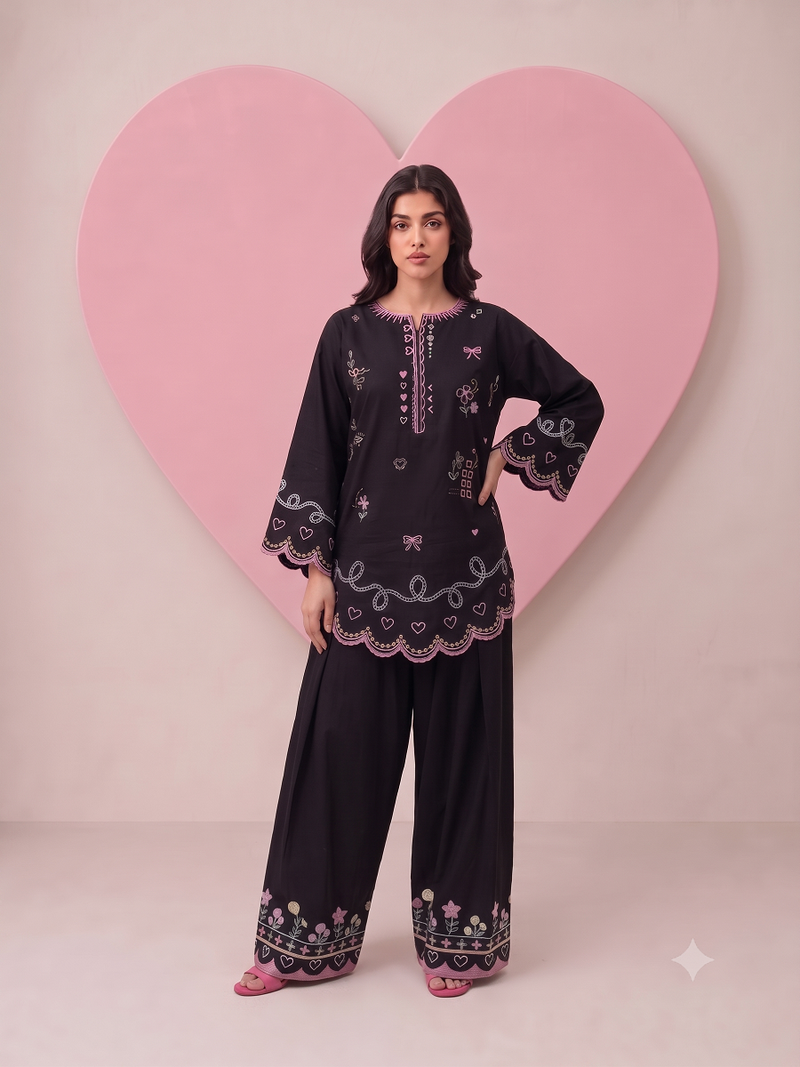 Black embroidered kurta with farshi salwar & dupatta set