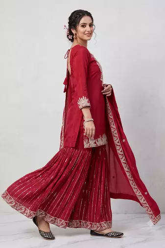 Red sequence coding embroidery work readymade sharara suit set for wedding & festive wear