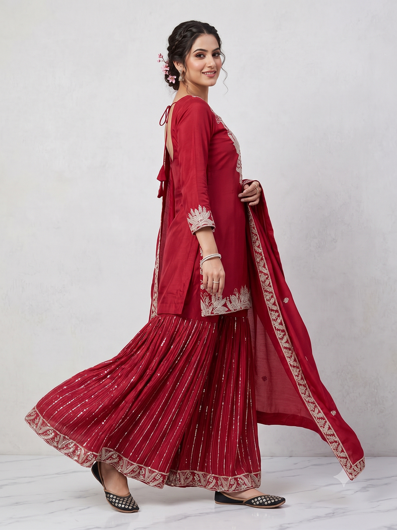Red sequence coding embroidery work readymade sharara suit set for wedding & festive wear