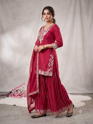 Red sequence coding embroidery work readymade sharara suit set for wedding & festive wear 3