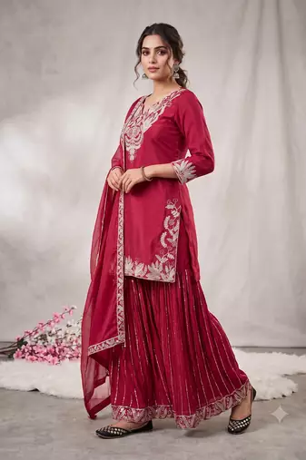 Red sequence coding embroidery work readymade sharara suit set for wedding & festive wear