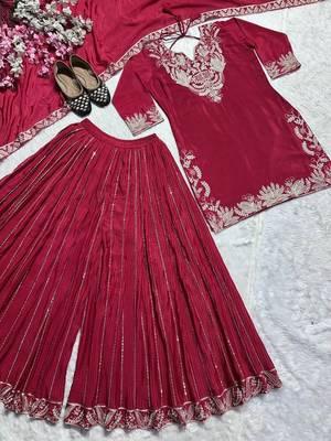 Red sequence coding embroidery work readymade sharara suit set for wedding & festive wear 4