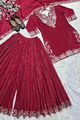 Red sequence coding embroidery work readymade sharara suit set for wedding & festive wear