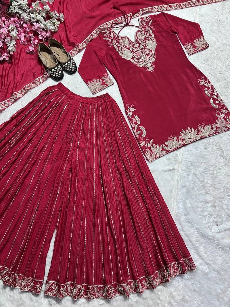 Red sequence coding embroidery work readymade sharara suit set for wedding & festive wear