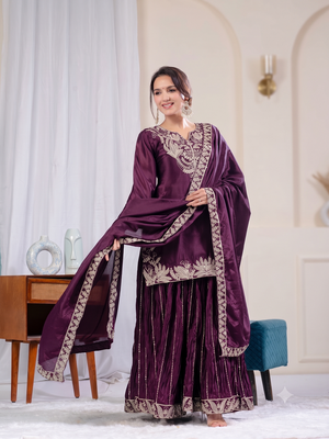 Wine sequence coding embroidery work readymade sharara suit set for wedding & festive wear 1