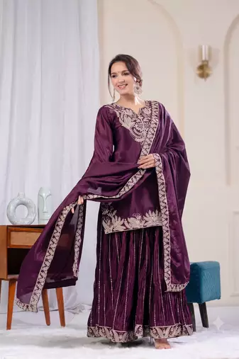 Wine sequence coding embroidery work readymade sharara suit set for wedding & festive wear
