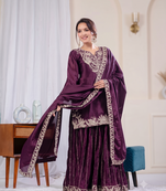 Wine sequence coding embroidery work readymade sharara suit set for wedding & festive wear