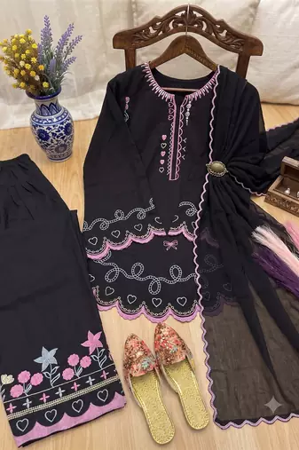 Black embroidered kurta with farshi salwar & dupatta set