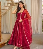 Maroon sleeveless square neck flared anarkali kurta set with pant and embellished net dupatta