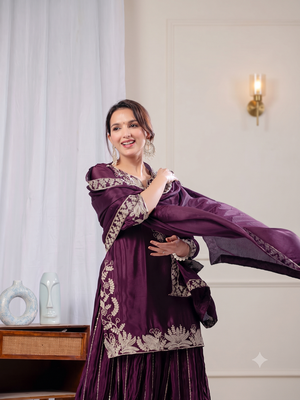 Wine sequence coding embroidery work readymade sharara suit set for wedding & festive wear 2